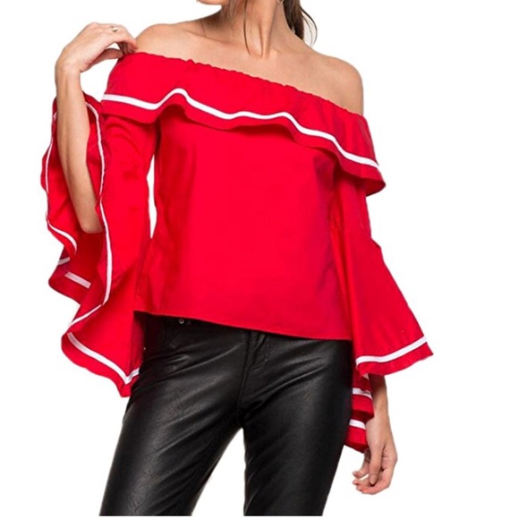 women off shoulder ruffled sleeve blouse - Picture 3 of 7